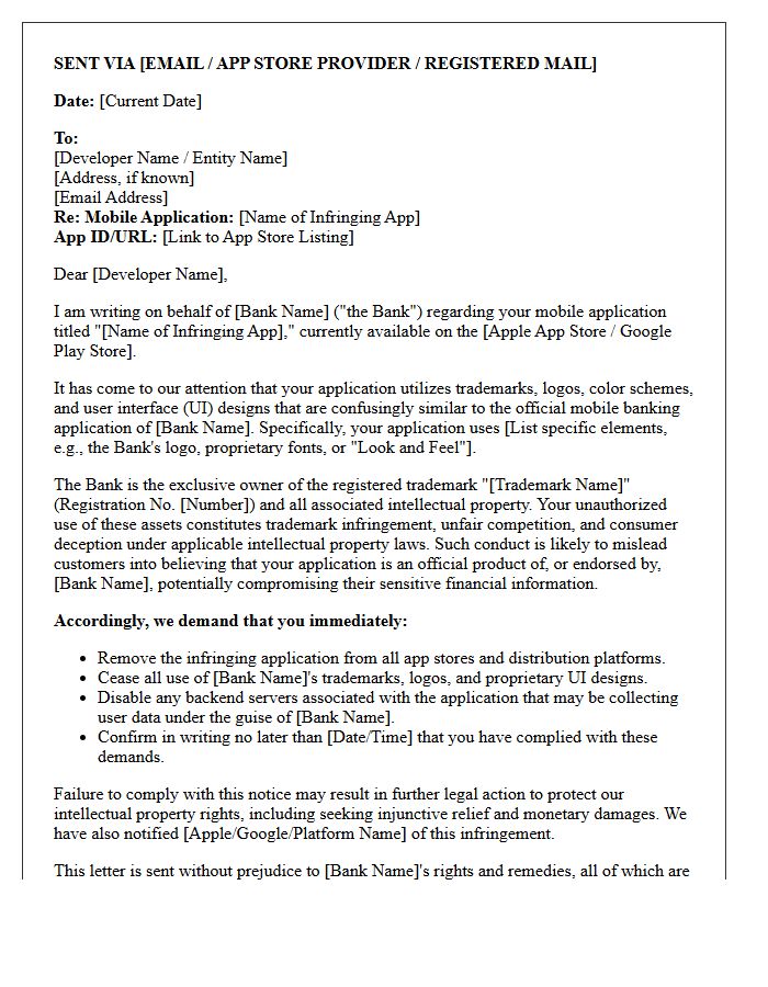 Trademark Infringement Cease and Desist Letter for Mobile Applications Mimicking Official Bank Interfaces