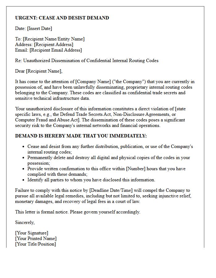 Cease and Desist Letter for the Unlawful Dissemination of Internal Routing Codes
