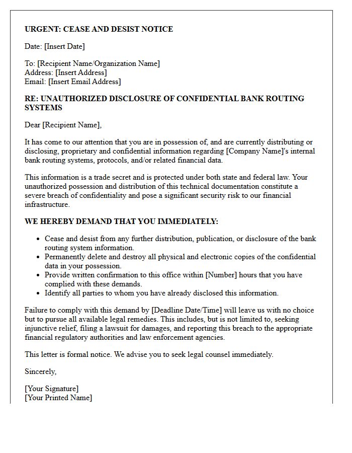 Confidentiality Breach Cease and Desist Letter for Bank Routing System Distribution