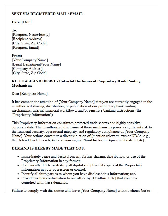 Corporate Cease and Desist Letter for the Unlawful Sharing of Proprietary Bank Routing Mechanisms