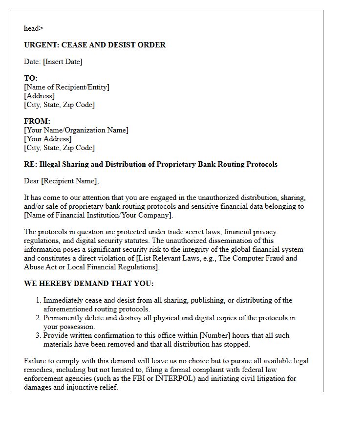 Formal Cease and Desist Letter Regarding the Illegal Sharing of Bank Routing Protocols