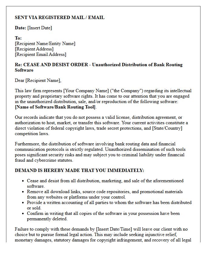 Legal Notice and Cease and Desist Letter for Unauthorized Bank Routing Software Distribution