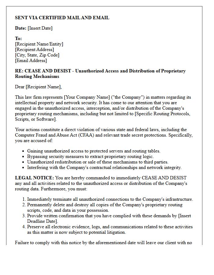 Pre-Litigation Cease and Desist Letter for Unauthorized Access and Distribution of Routing Mechanisms
