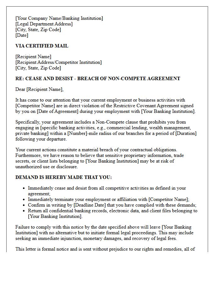 Banking Institution Cease and Desist Letter for Non-Compete Infringement