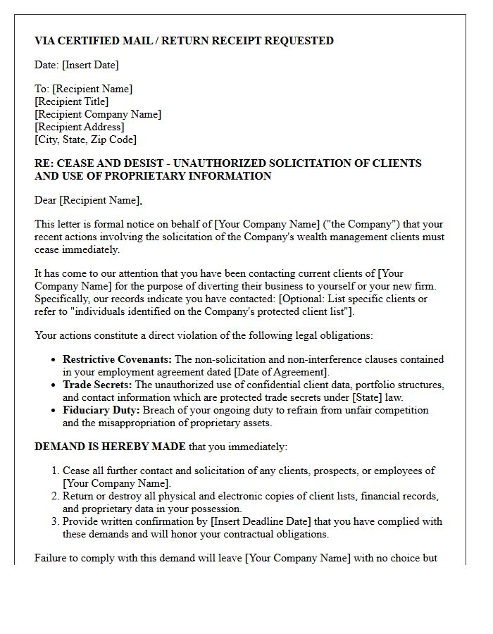 Cease and Desist Letter Concerning Wealth Management Client Solicitation