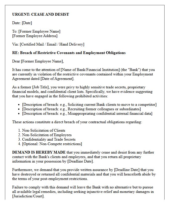 Cease and Desist Letter for Breach of Restrictive Covenants in Banking