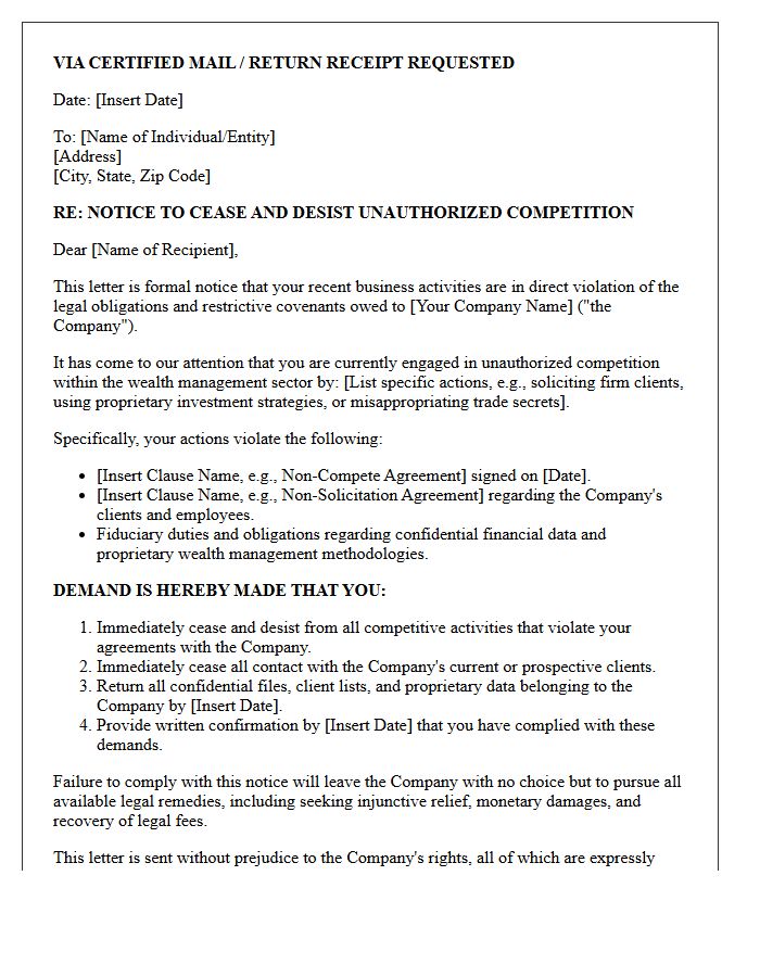 Cease and Desist Letter for Unauthorized Competition in Wealth Management