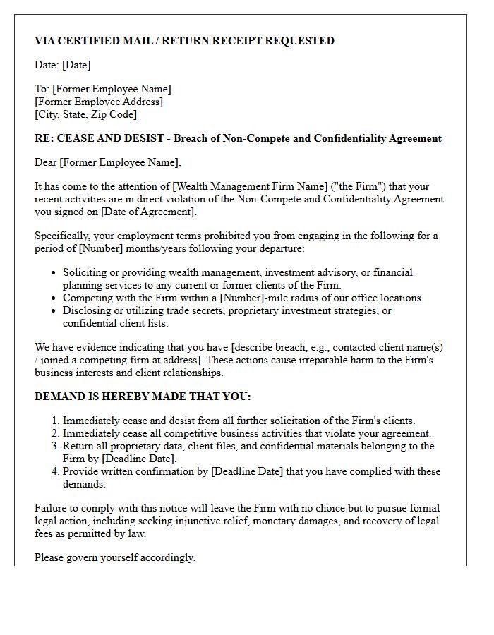 Cease and Desist Letter Regarding Breach of Wealth Management Non-Compete Agreement