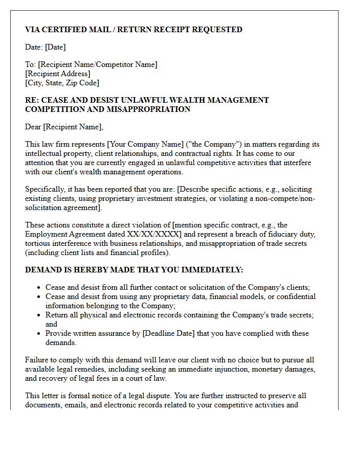Cease and Desist Letter Regarding Unlawful Wealth Management Competition