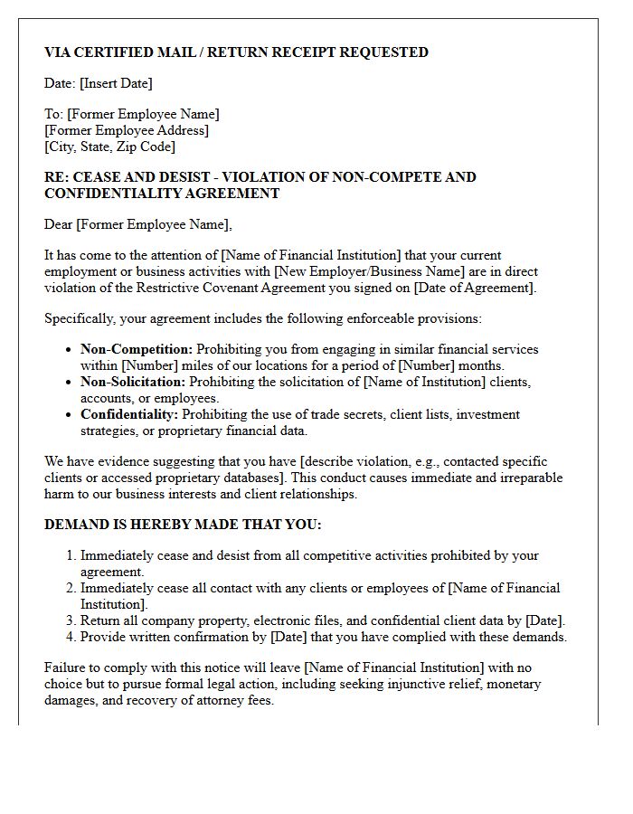 Financial Institution Cease and Desist Letter for Non-Compete Violation