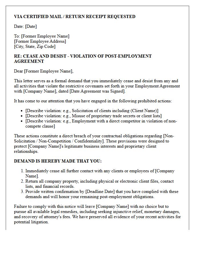 Formal Cease and Desist Letter for Wealth Manager Post-Employment Violation
