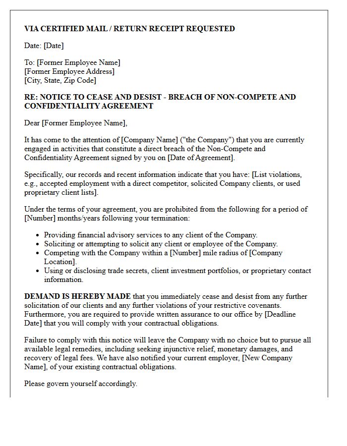 Notice and Cease and Desist Letter for Financial Advisor Non-Compete Breach