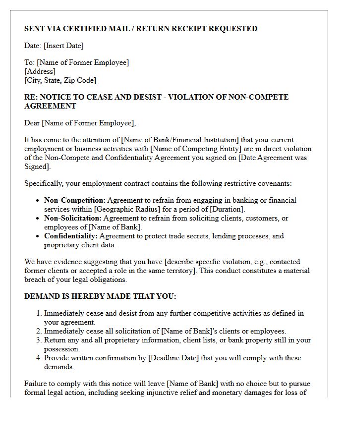 Official Cease and Desist Letter for Violation of Banking Non-Compete Clauses