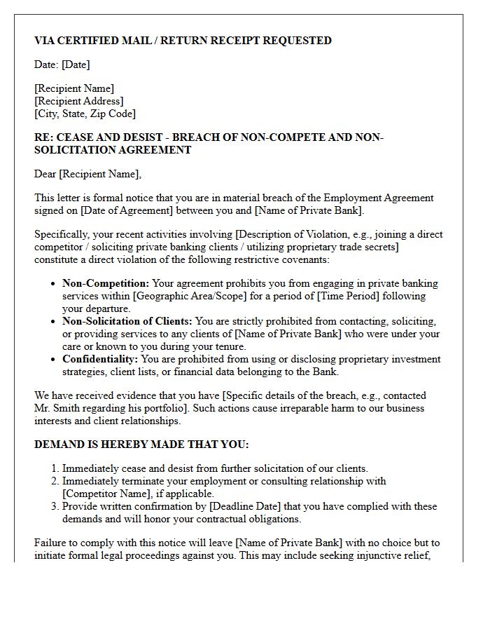 Private Banking Non-Compete Violation Cease and Desist Letter