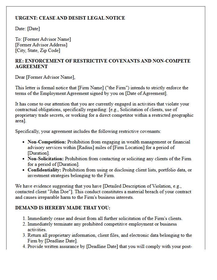 Wealth Advisor Non-Compete Enforcement Cease and Desist Letter