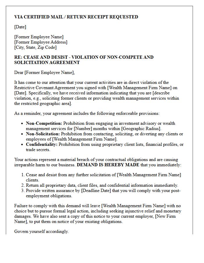 Wealth Management Non-Compete Violation Cease and Desist Letter