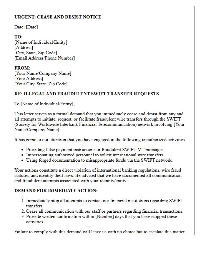 Cease and Desist Letter for Fraudulent SWIFT Network Transfer Requests