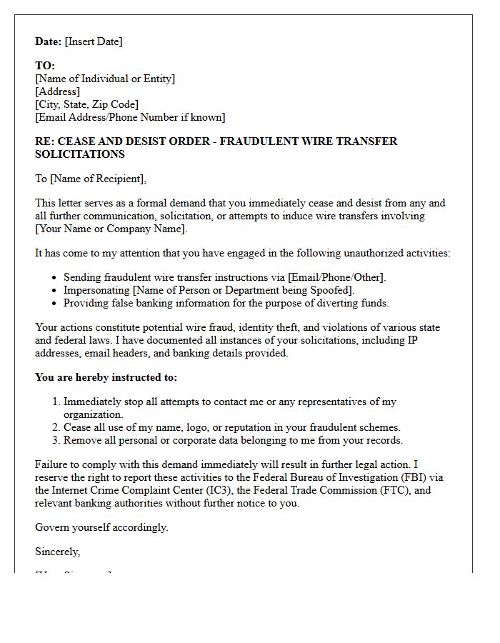 Cease and Desist Letter for Fraudulent Wire Transfer Solicitations