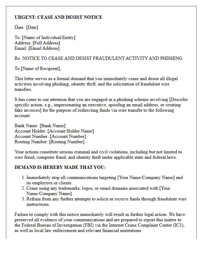 Cease and Desist Letter for Phishing-Based Fraudulent Wire Transfers