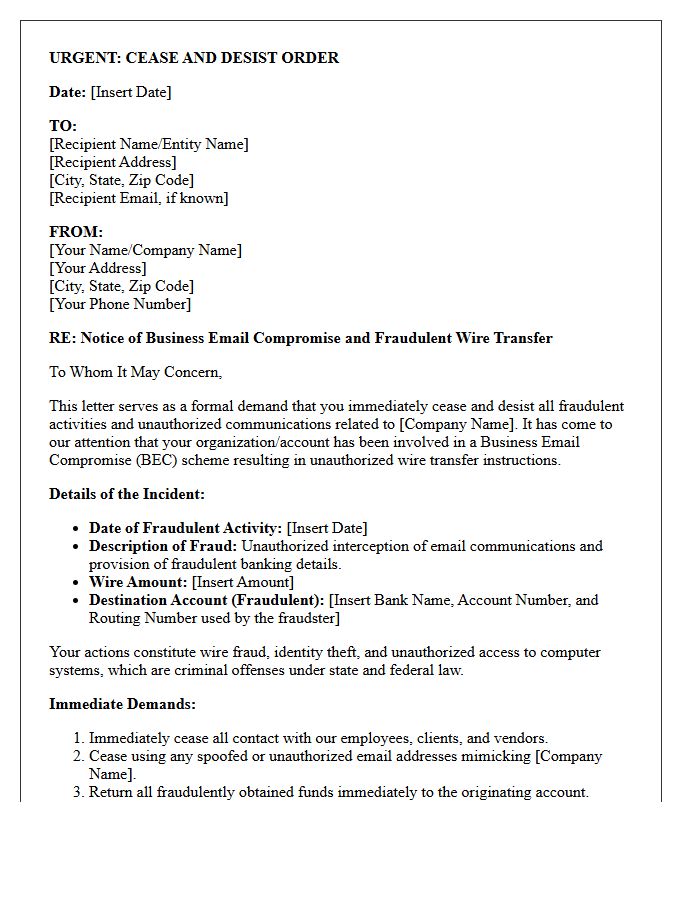 Cease and Desist Letter Regarding Business Email Compromise Wire Fraud