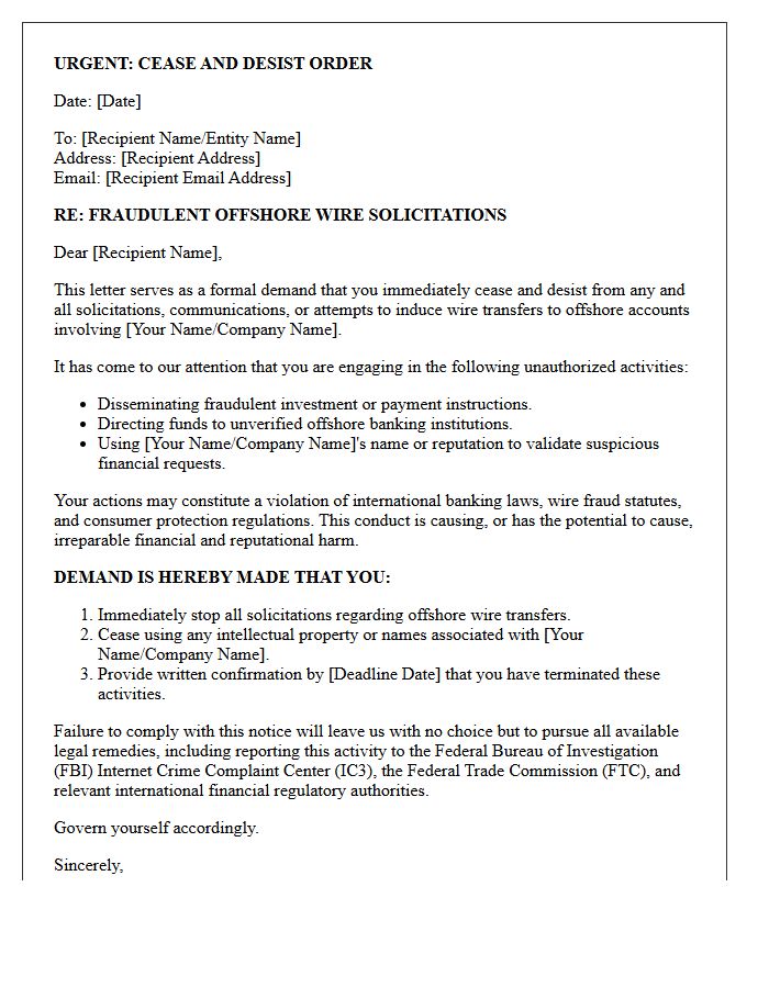 Cease and Desist Letter Warning Against Fraudulent Offshore Wire Solicitations