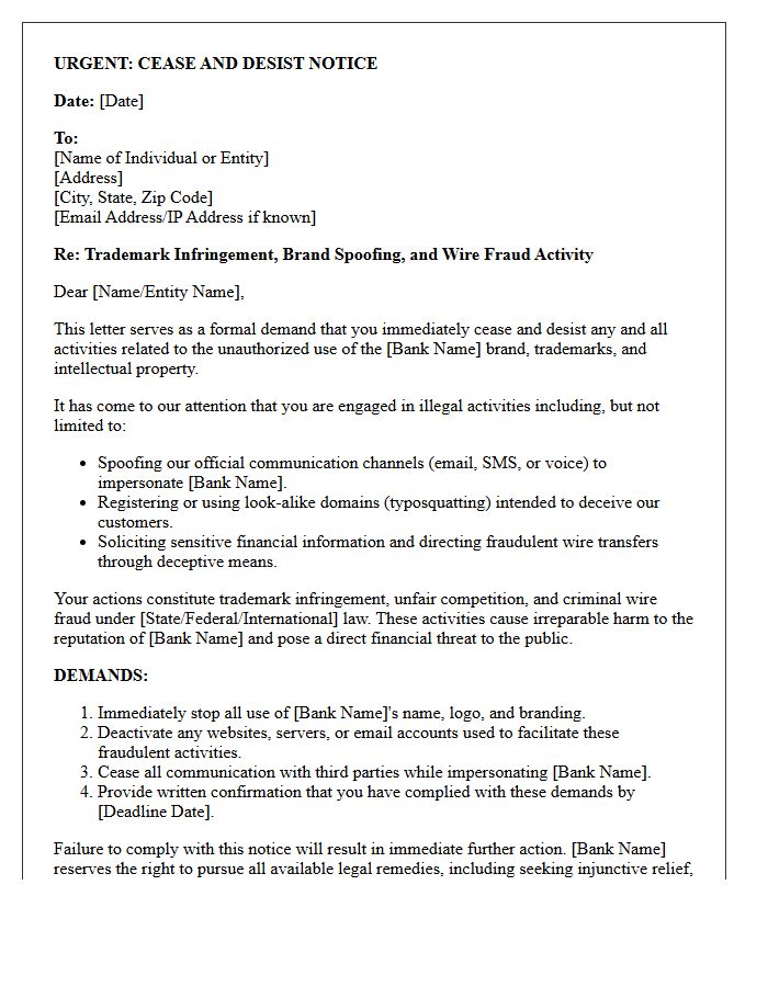 Formal Cease and Desist Letter for Bank Brand Spoofing and Wire Fraud