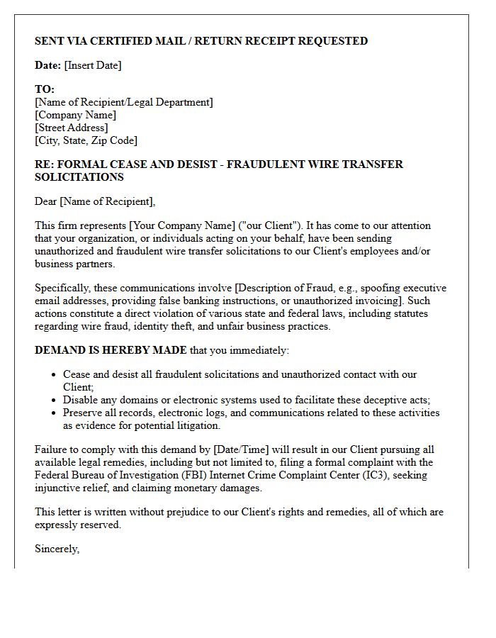 Legal Demand Letter to Halt Fraudulent Corporate Wire Transfer Solicitations