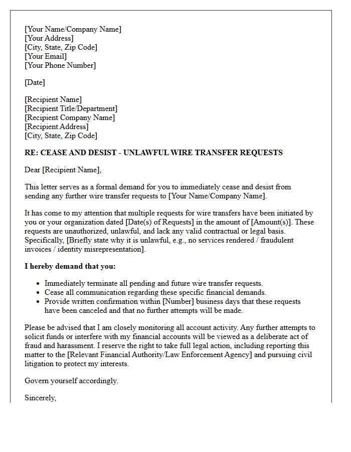 Letter of Demand to Terminate Unlawful Wire Transfer Requests