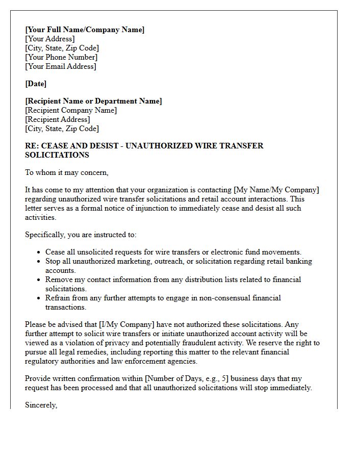 Letter of Injunction Against Unauthorized Retail Account Wire Solicitations