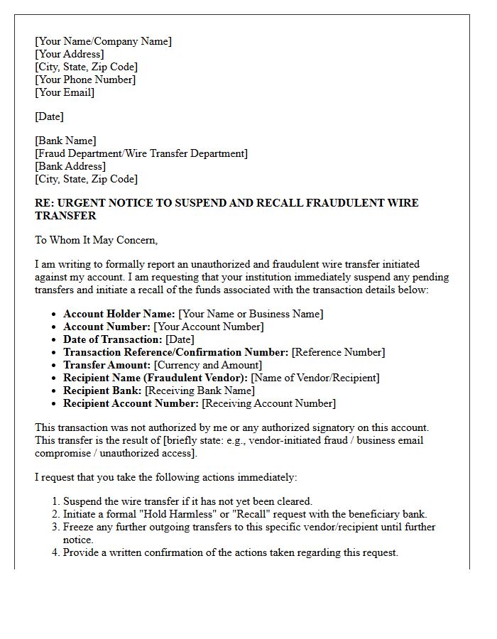 Letter to Suspend Unlawful Vendor-Initiated Fraudulent Wire Transfers
