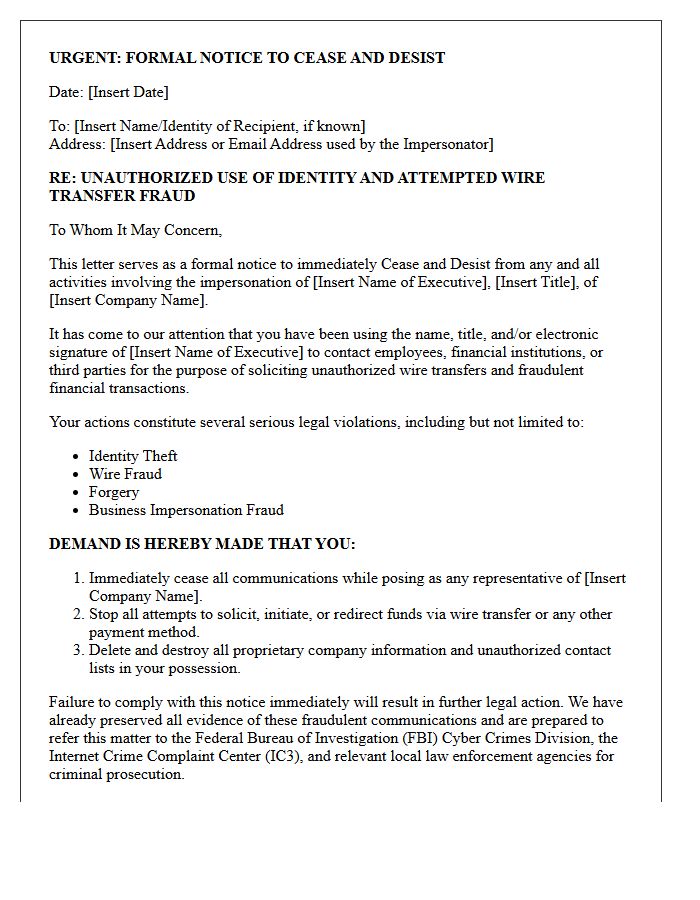 Notice and Cease and Desist Letter for Executive Impersonation Wire Transfers