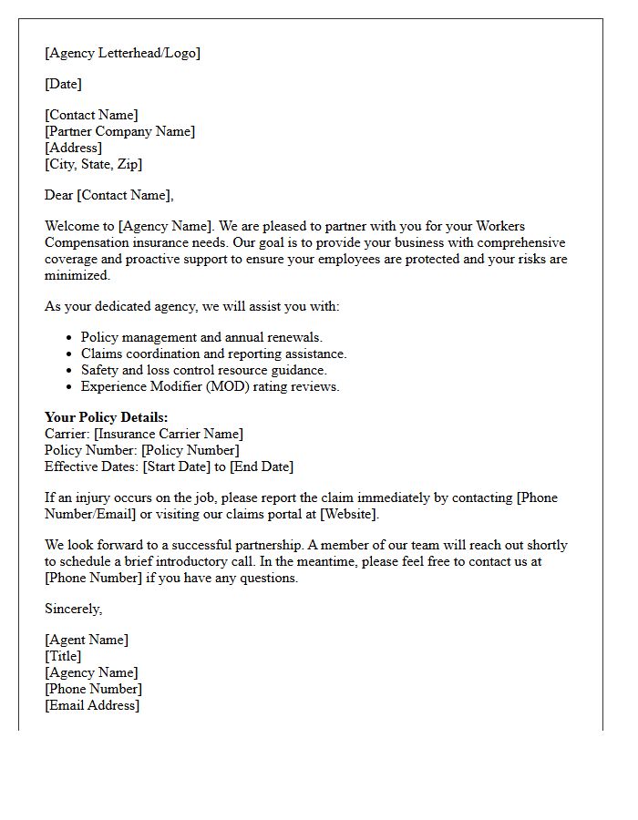 Commercial Agency Welcome Letter for Workers Compensation Partners