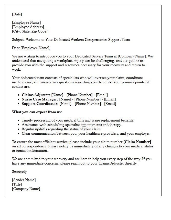Dedicated Service Team Welcome Letter for Workers Compensation