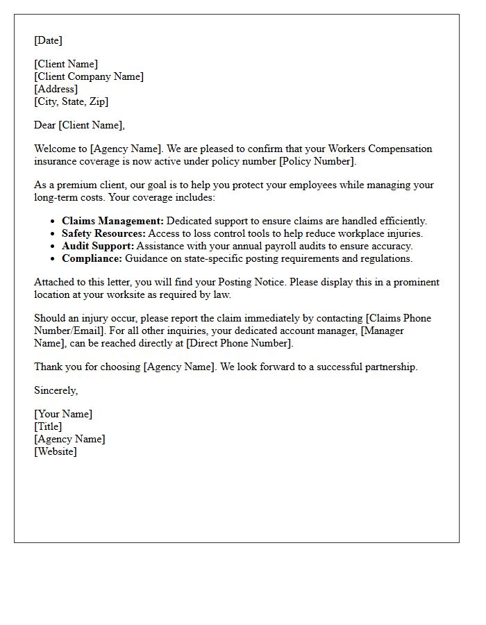 Premium Agency Welcome Letter for Workers Compensation Clients
