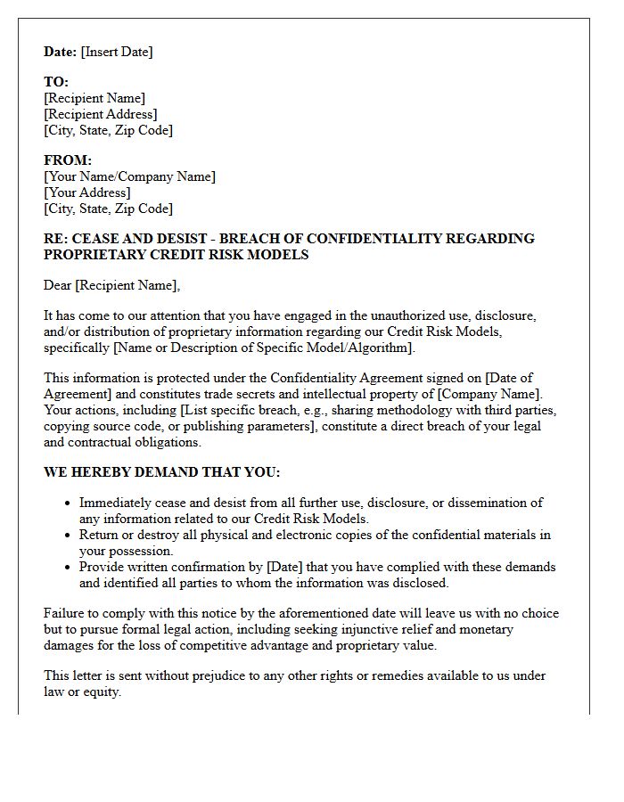 Cease And Desist Letter Addressing The Breach Of Confidentiality Covering Credit Risk Models
