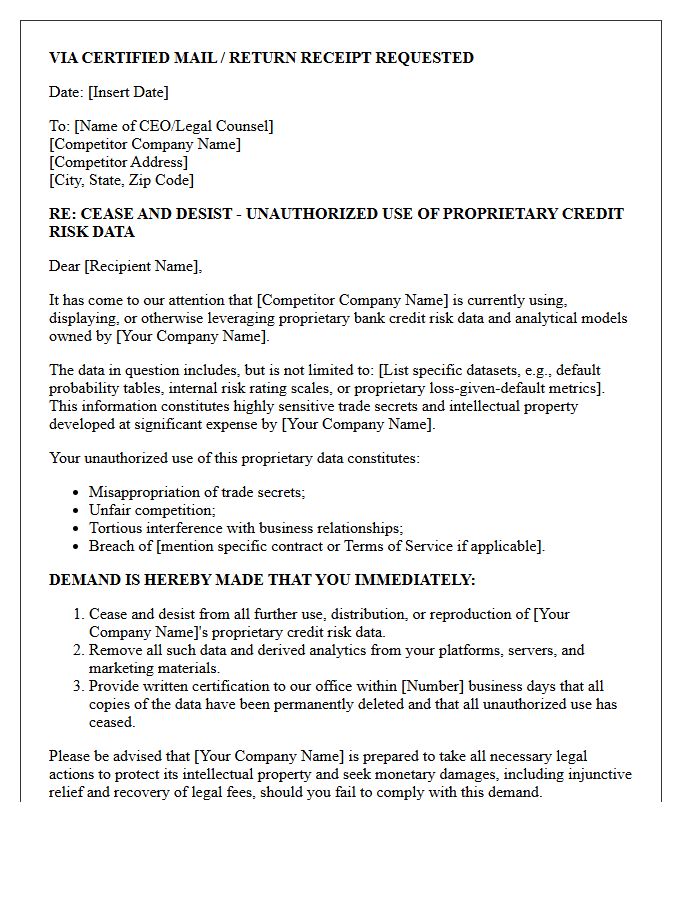 Cease And Desist Letter Against Competitor Use Of Proprietary Bank Credit Risk Data