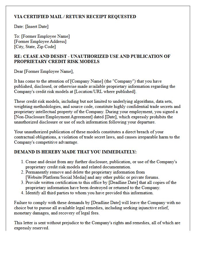 Cease And Desist Letter For Unauthorized Publication Of Proprietary Credit Risk Models By Former Employees
