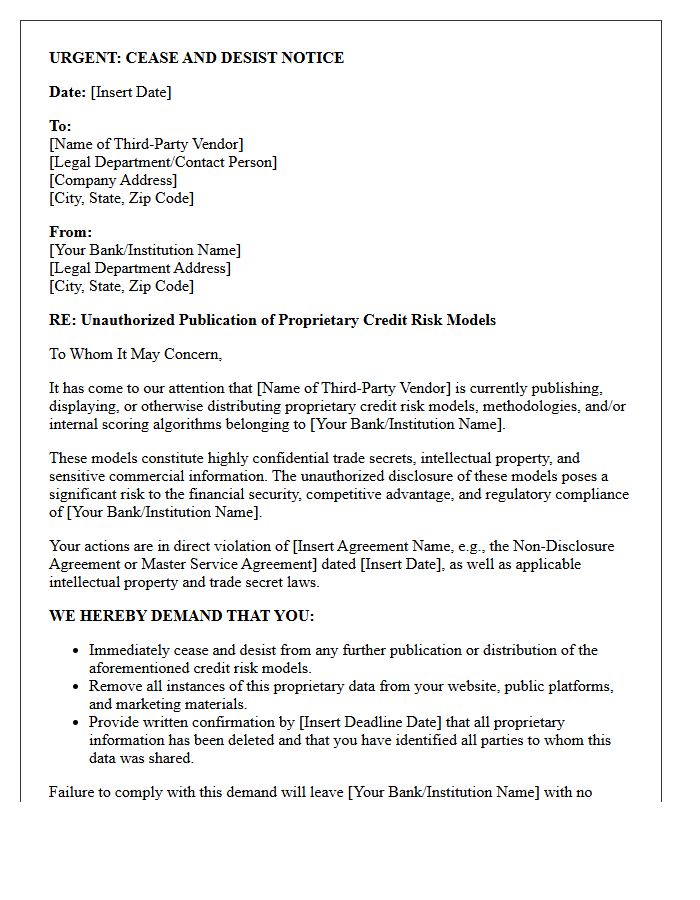 Cease And Desist Letter To Third-Party Vendors Regarding Publication Of Bank Credit Risk Models