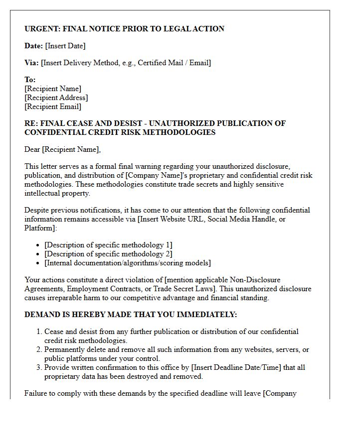 Final Warning Cease And Desist Letter For Publishing Confidential Credit Risk Methodologies