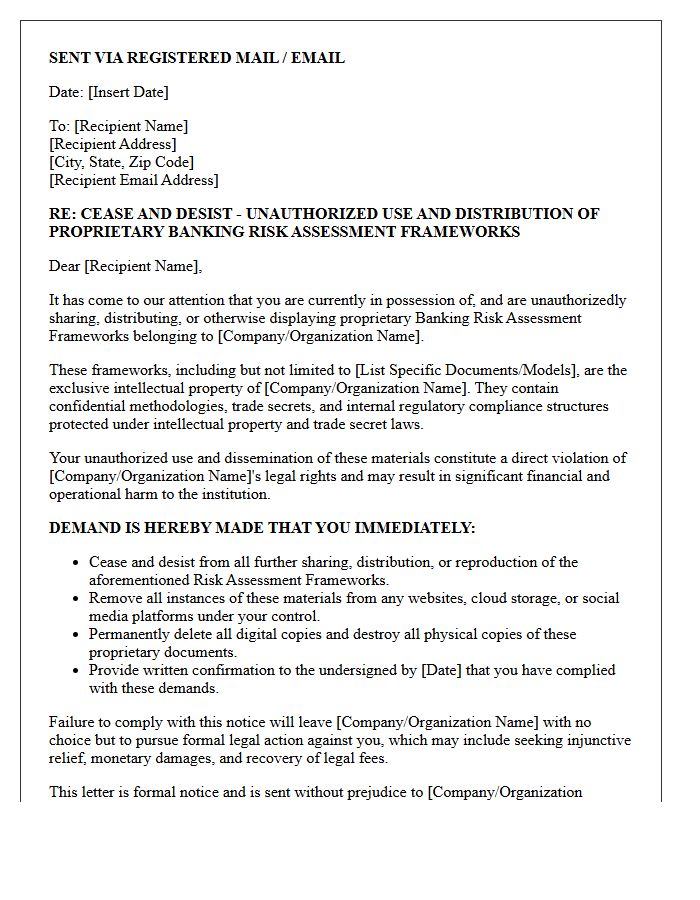 Formal Cease And Desist Letter For The Unauthorized Sharing Of Banking Risk Assessment Frameworks