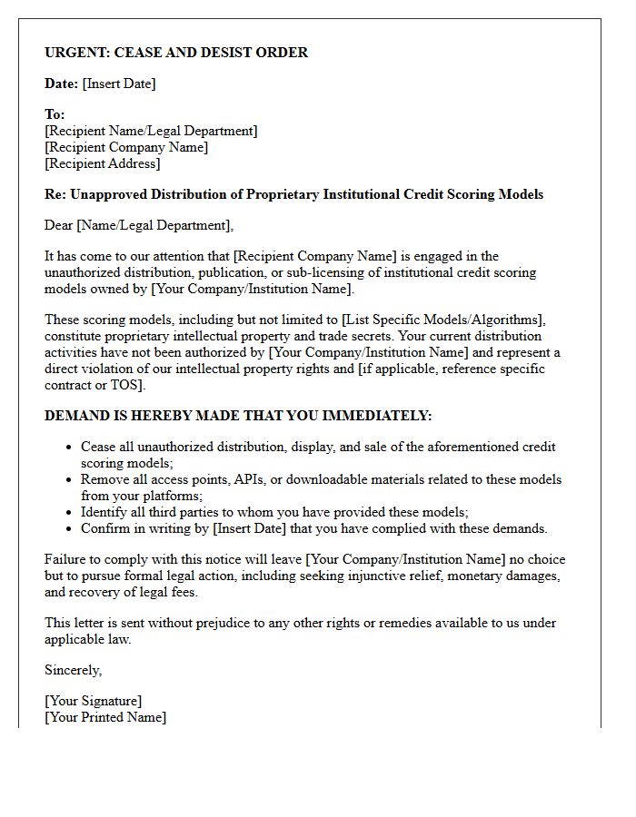 Immediate Cease And Desist Letter For Unapproved Distribution Of Institutional Credit Scoring Models