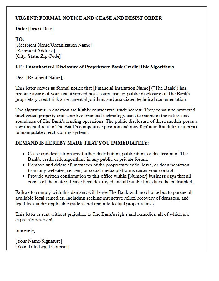 Notice And Cease And Desist Letter Regarding Public Disclosure Of Bank Credit Risk Algorithms