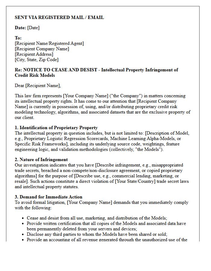 Pre-Litigation Cease And Desist Letter For Intellectual Property Theft Of Credit Risk Models