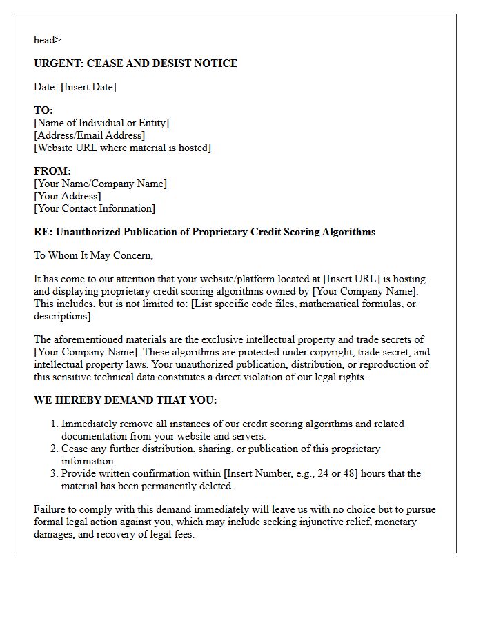 Urgent Cease And Desist Letter For Unauthorized Online Publication Of Credit Scoring Algorithms