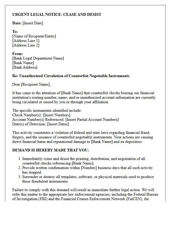 Bank Legal Letter Demanding Cessation of Counterfeit Check Circulation