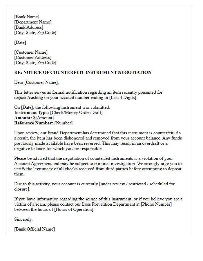 Banking Institution Warning Letter for Counterfeit Instrument Negotiation