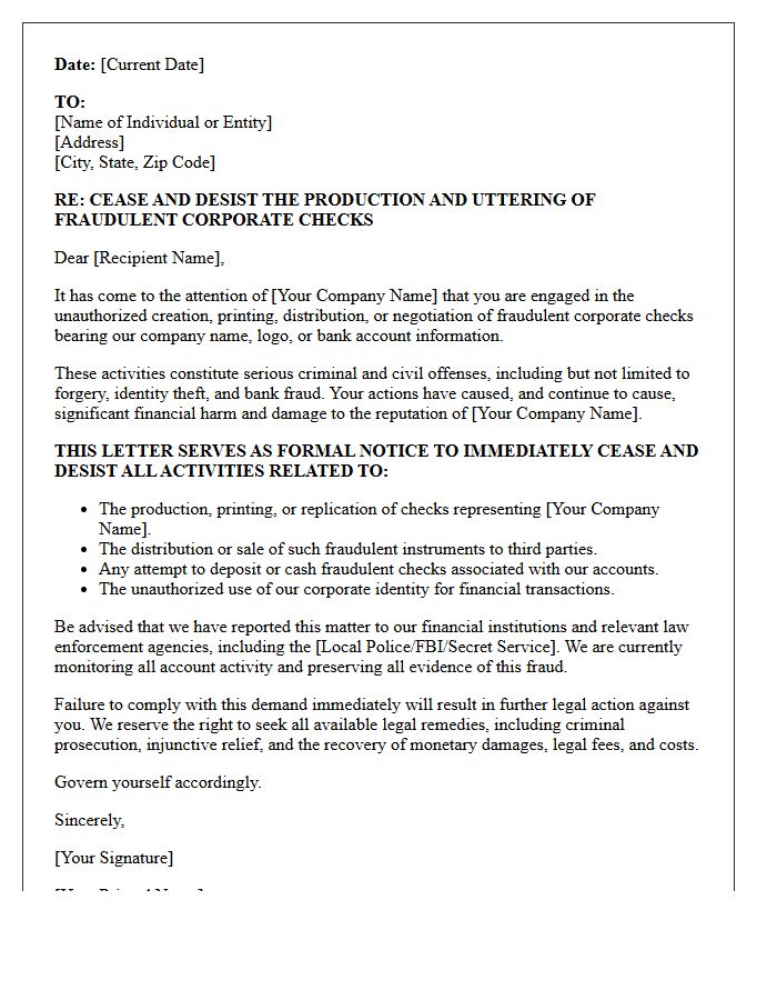 Cease and Desist Letter Concerning Fraudulent Corporate Check Production