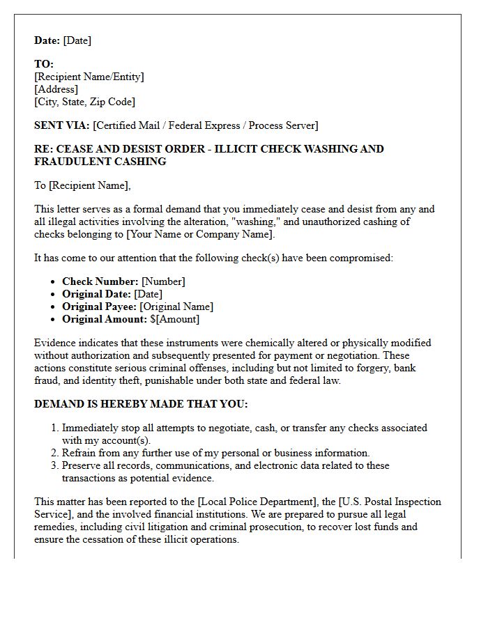 Cease and Desist Letter for Illicit Check Washing and Cashing Operations
