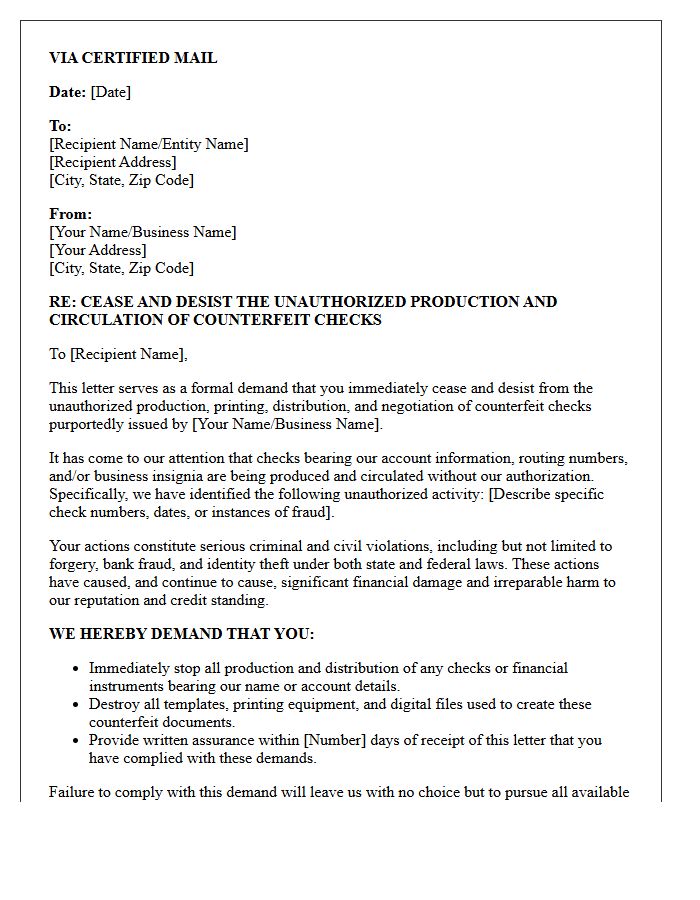 Cease and Desist Letter for Unauthorized Counterfeit Check Production