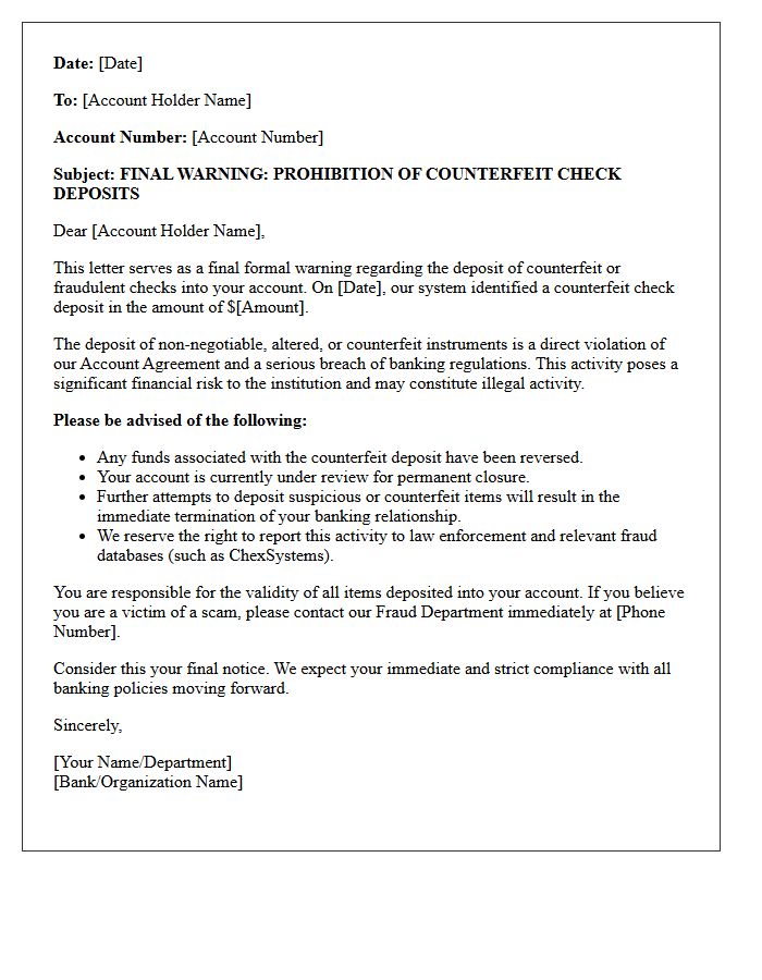 Final Warning Letter Prohibiting Counterfeit Check Deposits